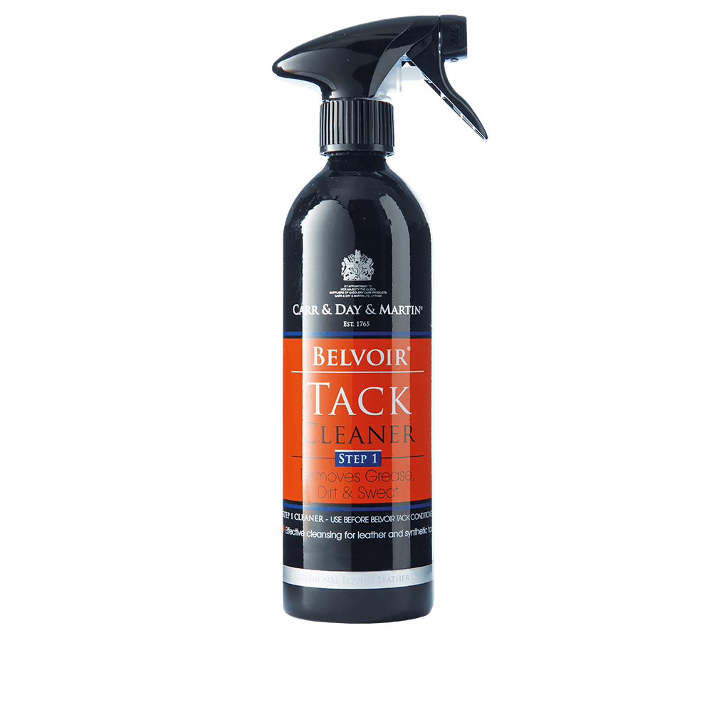 A black plastic spray bottle with an orange label of 'Carr and Day and Martin Belvoir Tack Cleaner'