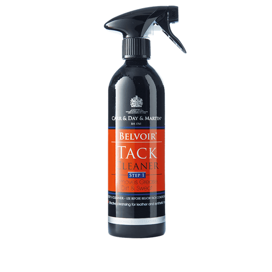A black plastic spray bottle with an orange label of 'Carr and Day and Martin Belvoir Tack Cleaner'
