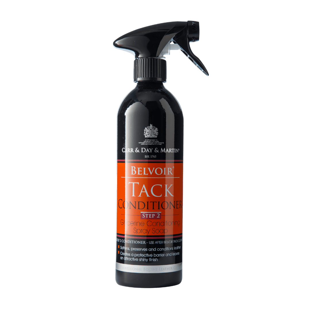 A black plastic spray bottle with an orange label of 'Carr and Day and Martin Belvoir Tack Conditioner'