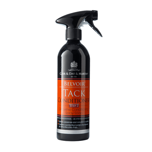 A black plastic spray bottle with an orange label of 'Carr and Day and Martin Belvoir Tack Conditioner'