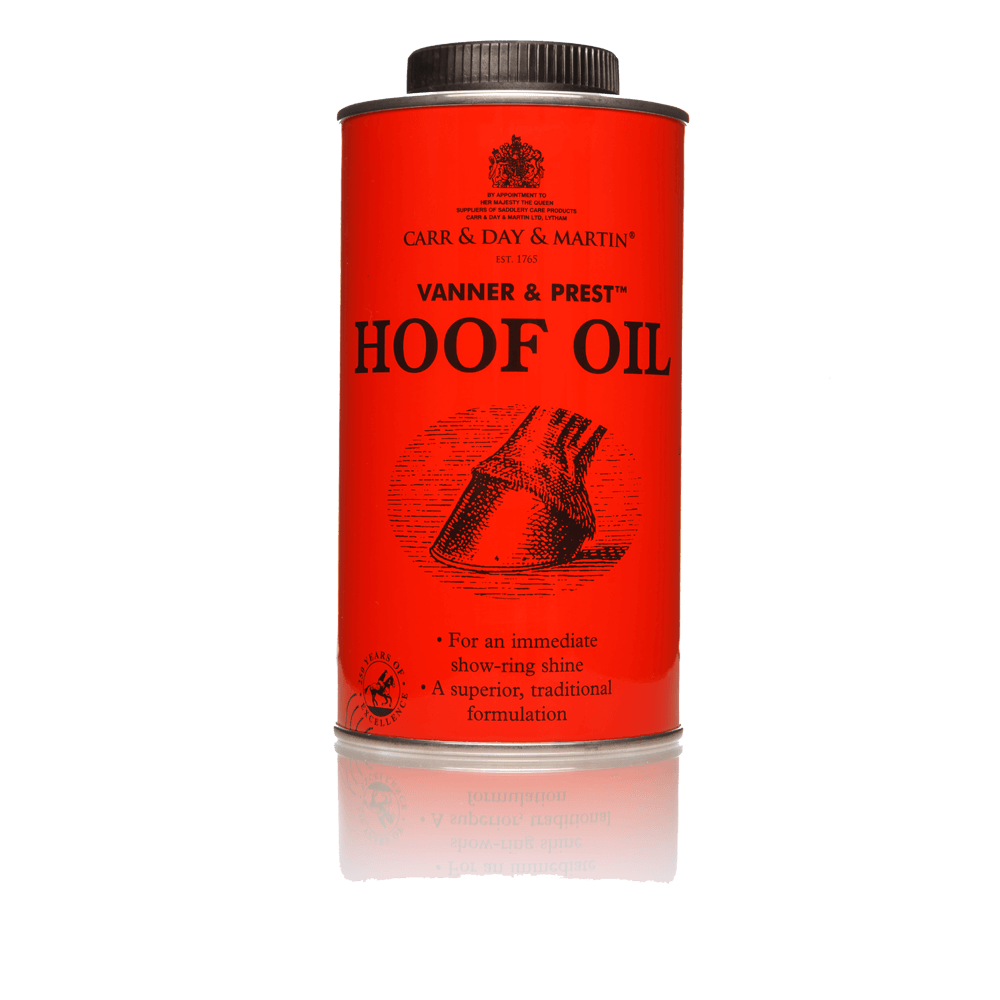 An orange bottle of 'Carr and Day and Martin, Vanner and Prest Hoof Oil' with a sketched imaged of a horses hoof.