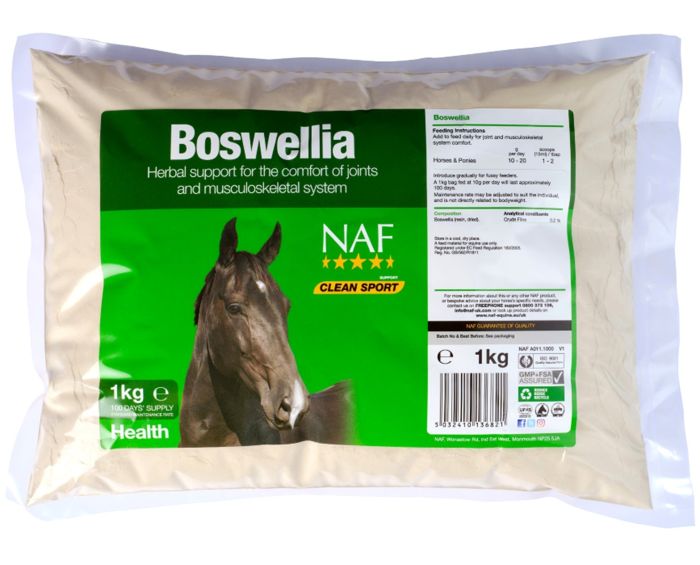 A white bag of Naf Boswellia with a green label with an image of a horse on a white background.