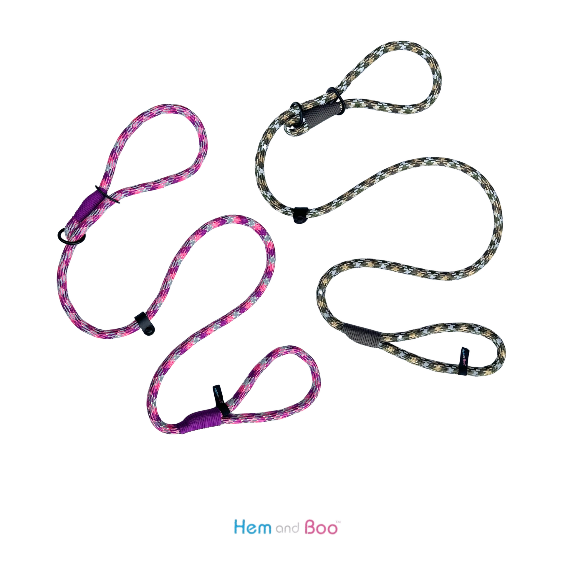 Two dog leashes, one pink and one khaki, on a white background with 'Hem and Boo' branding.