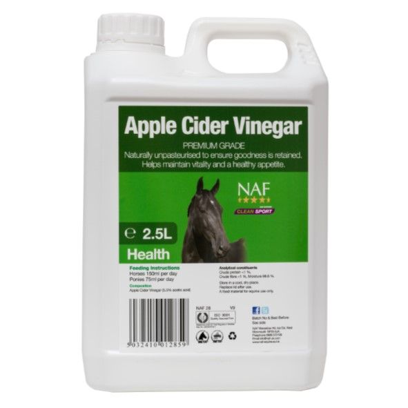 White bottle of Naf Apple Cider Vinegar with a green label with an image of a black horse on a white background.