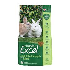 A green bag of 'Burgess Excel Adult Rabbit Nuggets with Mint' with an image of a brown and a white rabbit on grass.