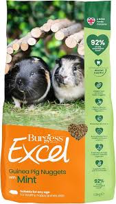 A green and orange bag of 'Burgess Excel Guinea Pig Nuggets with Mint' with an image of two guinea pigs on grass.