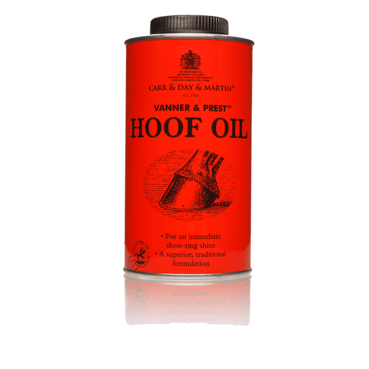 An orange bottle of 'Carr and Day and Martin, Vanner and Prest Hoof Oil' with a sketched imaged of a horses hoof.