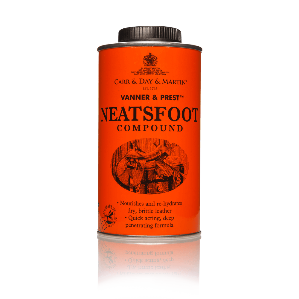 An orange bottle of 'Carr and Day and Martin, Vanner and Prest Neatsfoot Compound' with a sketched image of a saddle. 