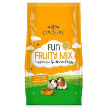 An orange bag of 'Country Value Fun Fruity Mix Nuggets for Guinea Pigs' with an image of two guinea pigs in a cartoon field with a bowl of food.