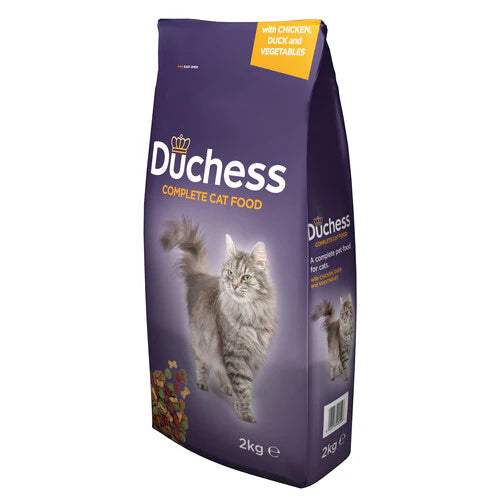 A purple bag of 'Duchess Complete Cat Food' with an image of a grey cat and dry food on a white background.