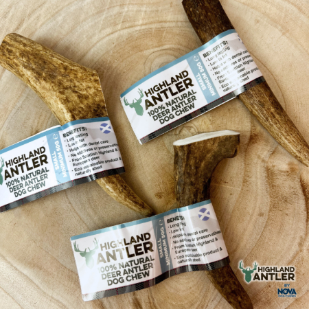 Selection of three Highland Antler brand dog chews, labelled as such