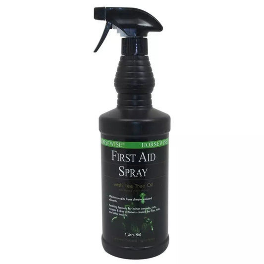 A black spray bottle of Horsewise First Aid Spray on a white background.