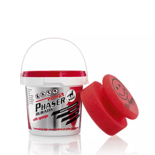 Red and white tub of 'Leovet Power Phaser' with a silver sticker next to a red sponge on a white background.