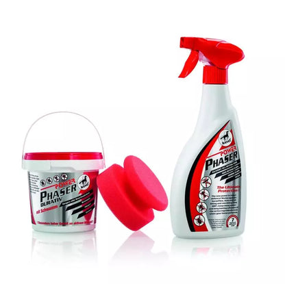 Image of a red and white tub of Leovet Power Phaser Gel next to a red sponge and a red and white spray bottle of Leovet Power Phaser spray on a white background.