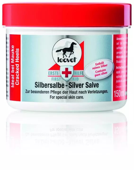 A white plastic tub with a red lid with a silver and red sticker of Leovet Silver Salve.