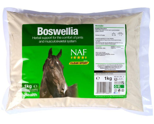 A white bag of Naf Boswellia with a green label with an image of a horse on a white background.