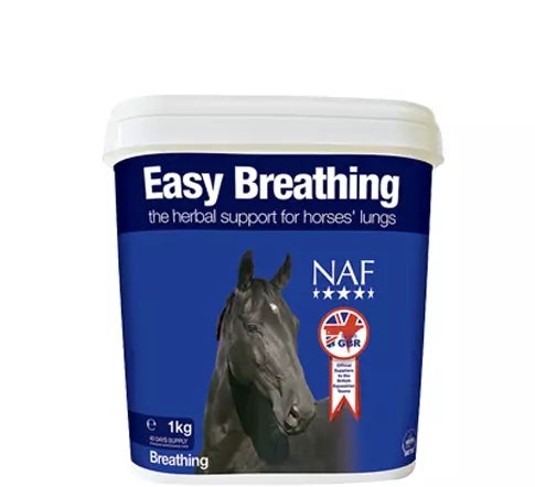 A white tub of 'Naf Easy Breathing' with a blue label and an image of a black horse on a white background.