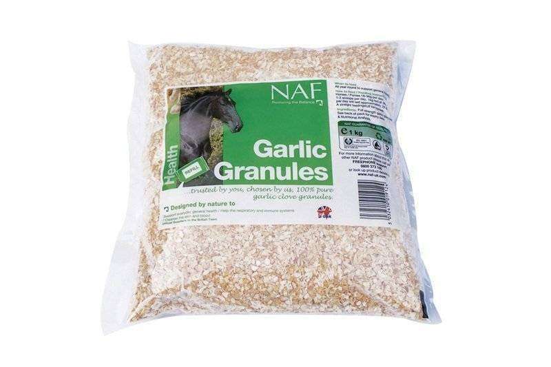 A bag of Naf Garlic Granules with a green label with an image of a black horse on a white background.