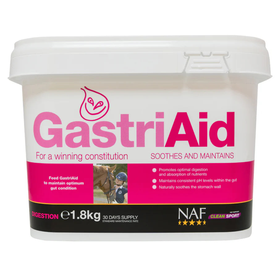 A white tub of 'Naf GastriAid' with a pink and black label and an image of a horse and groomer, on a white background.