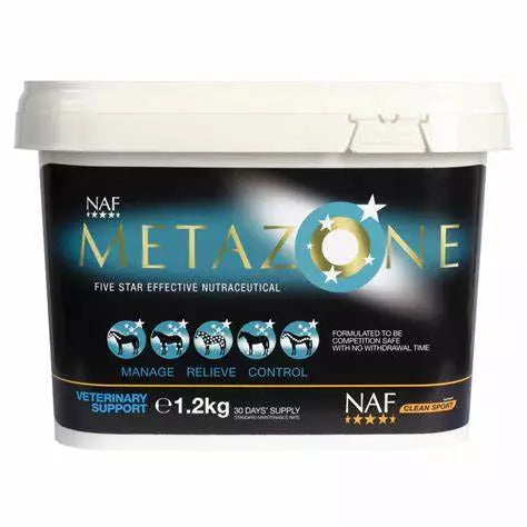 A tub of 'Naf Metazone' with a blue and black label on a white background.