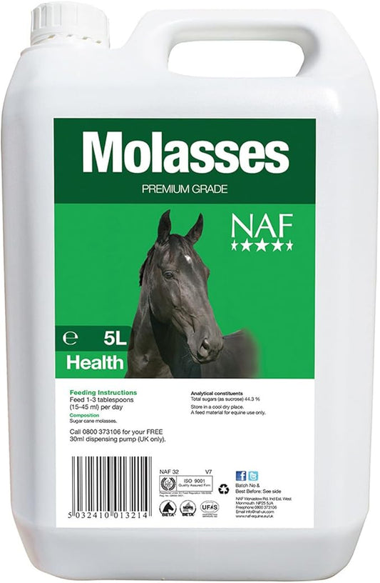 A white bottle of Naf Molasses on a white background, with a green label with an image of a black horse.