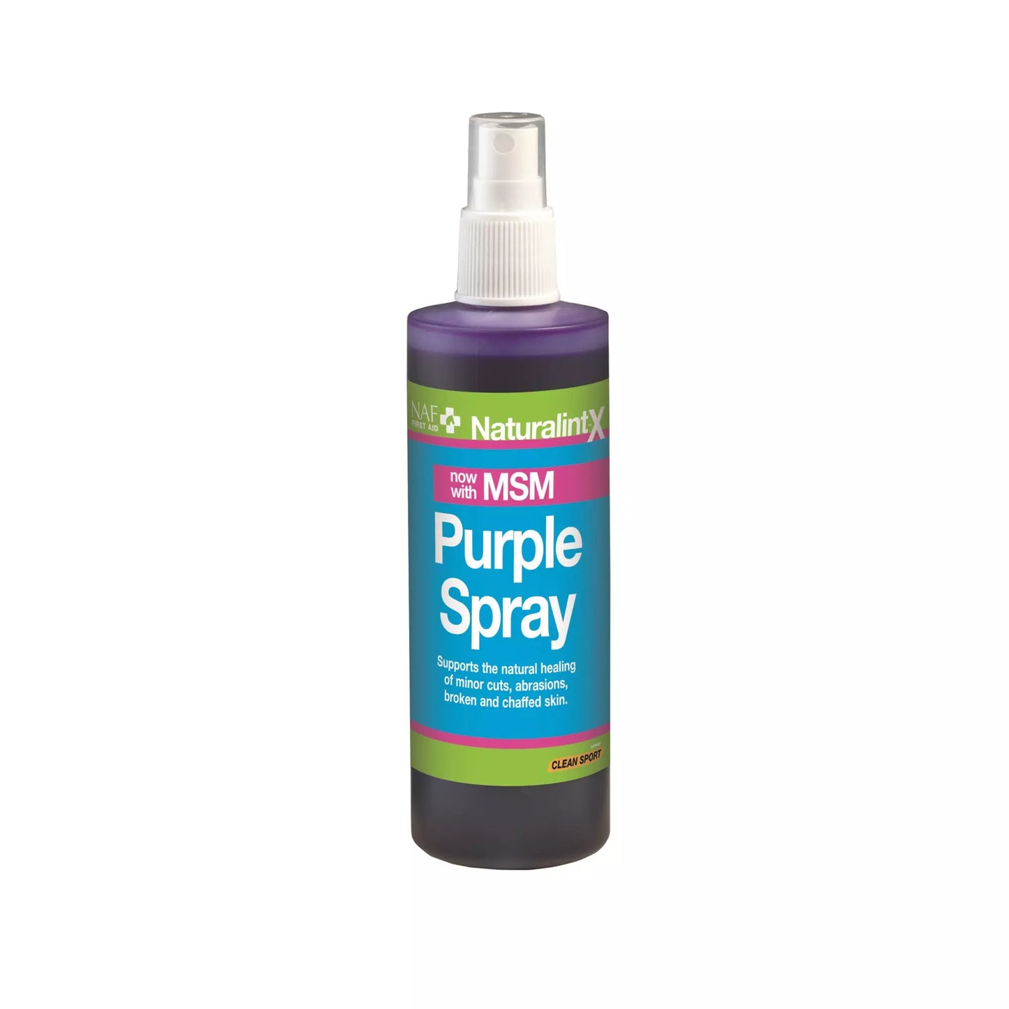 A clear plastic spray bottle showing the purple product 'Naf Naturalint X Purple Spray' with a green and blue label on a white background.