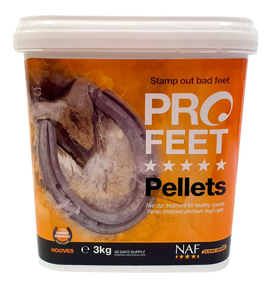 A tub of 'Naf Pro Feet Pellets' with an orange label and an image of a horses hoof, with a white background.