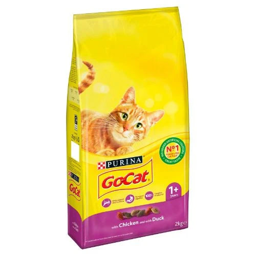 A yellow and purple bag of 'Purina Go-Cat with Chicken and Duck' dry food with an image of a ginger cat on a white background.