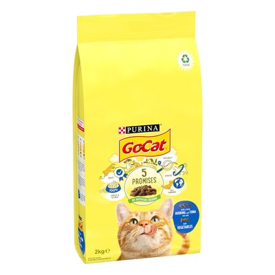 A yellow bag of Purina Go-Cat dry food with an image of a ginger cat.