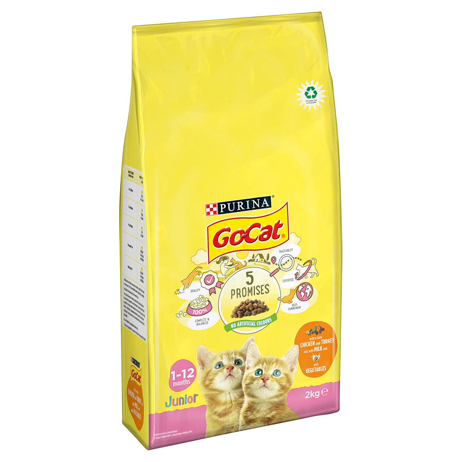 A yellow bag of Purina Go-Cat Junior food with an image of two ginger kittens on a white background.