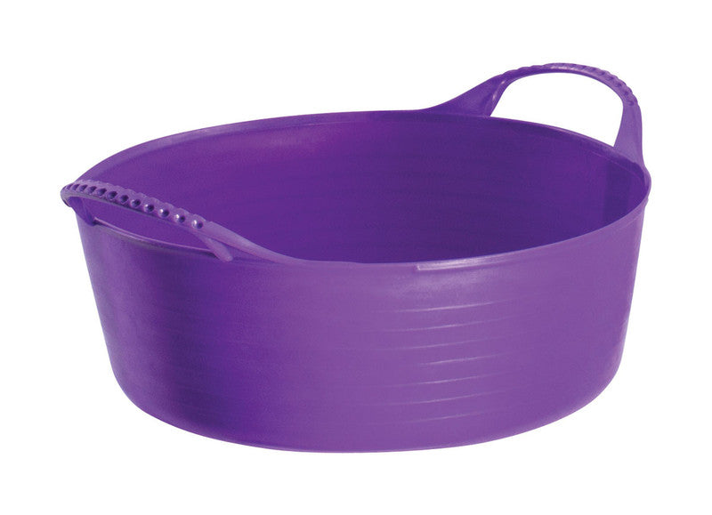 A purple shallow, flexible tubtrug feed bucket.