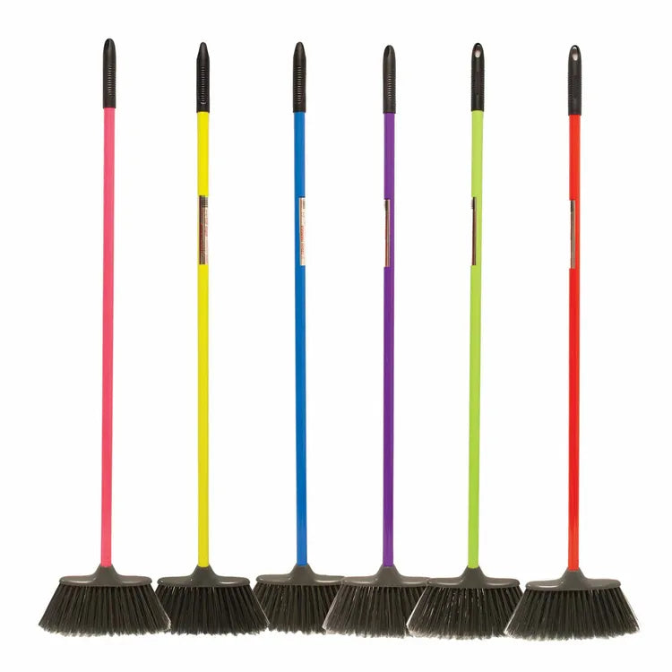 Image of six coloured poly brooms lined up - pink, yellow, blue, purple, lime green and red, all with black broom heads.