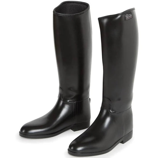 A pair of black 'Shires Long Rubber Riding Boots' on a white background.