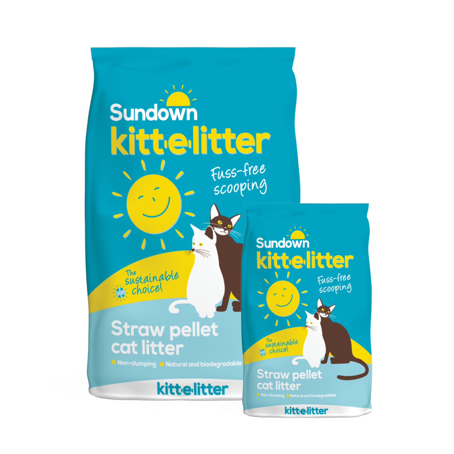 Two blue bags of Sundown Kitt-E-Litter with yellow lettering and an image of two cats.