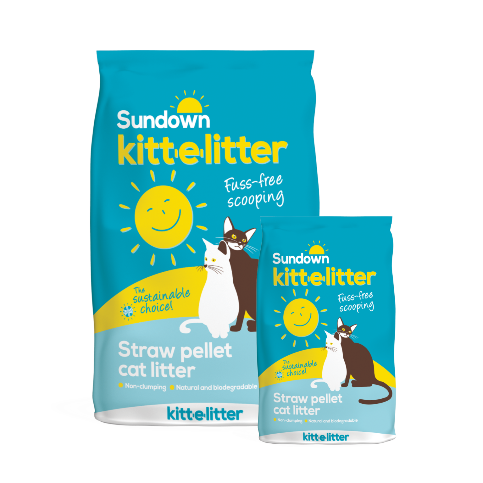 Two blue bags of Sundown Kitt-E-Litter with yellow lettering and an image of two cats.