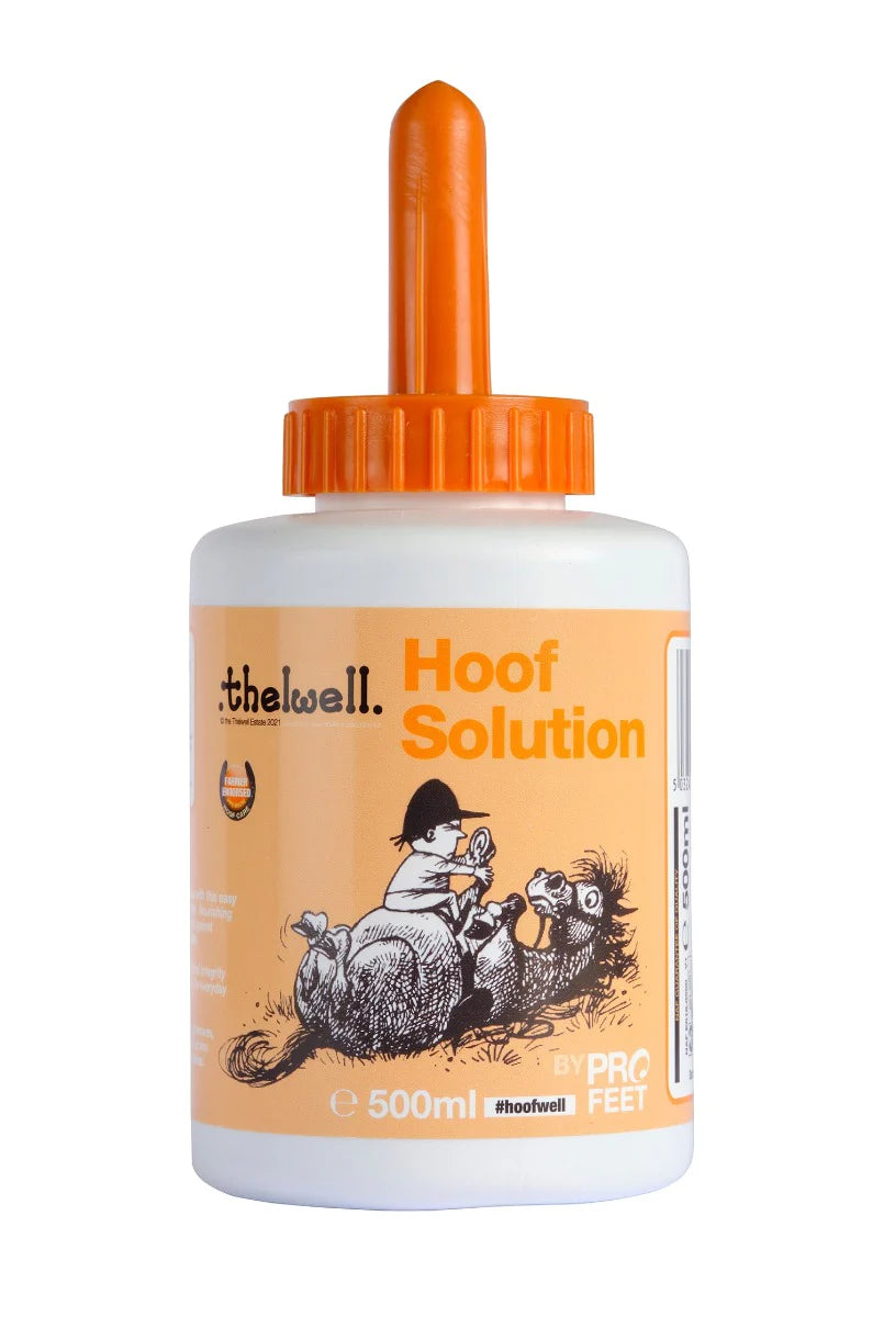 A white bottle with an orange lid of Thelwell Hoof Solution. The label is orange with a drawing of a horse laying down and a rider holding it's hoof.