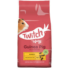 Red bag of 'Wagg Twitch Guinea Pig' food with an image of a guinea pig.