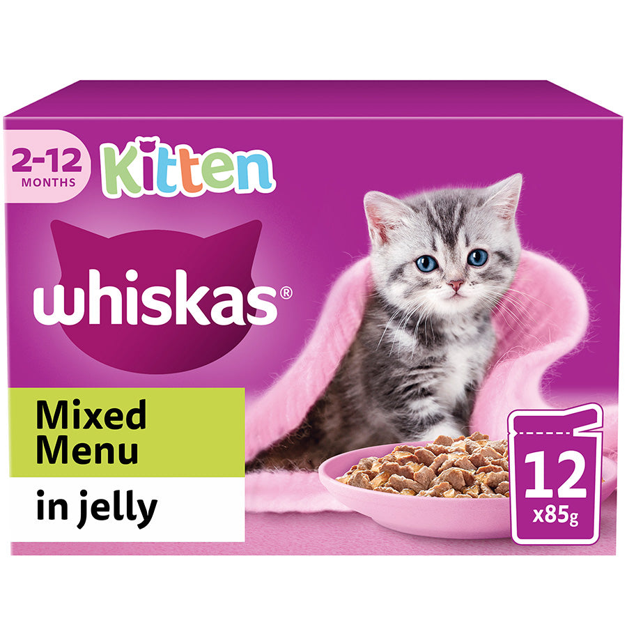 A purple box of 'Whiskas Kitten Mixed Menu in Jelly' with an image of a grey kitten and bowl of wet cat food on a white background.