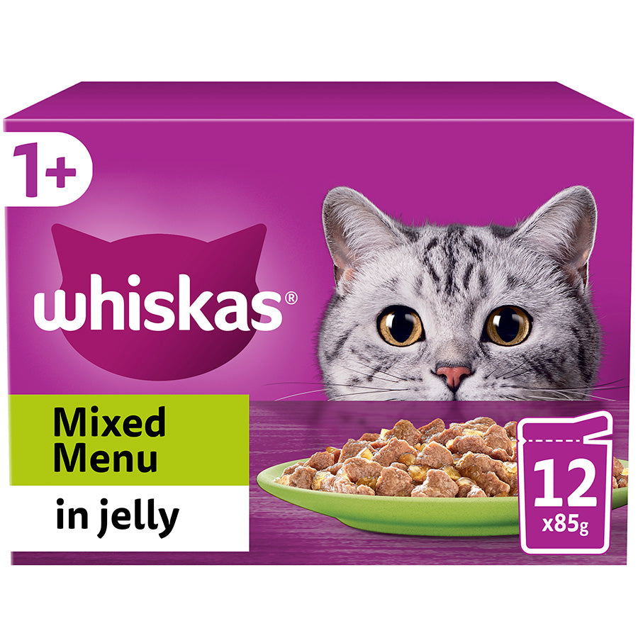 A purple box of 'Whiskas Mixed Menu in Jelly' cat food pouches with an image of a grey cat and plate of wet cat food on a white background.