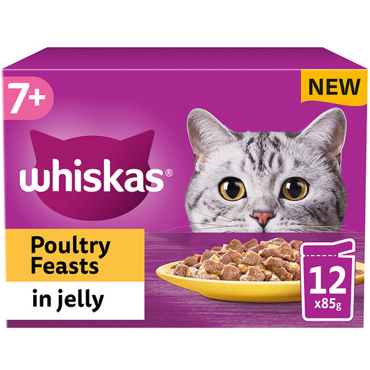 A purple box of 'Whiskas Poultry Feasts in Jelly' with an image of a grey cat and plate of wet cat food on a white background.