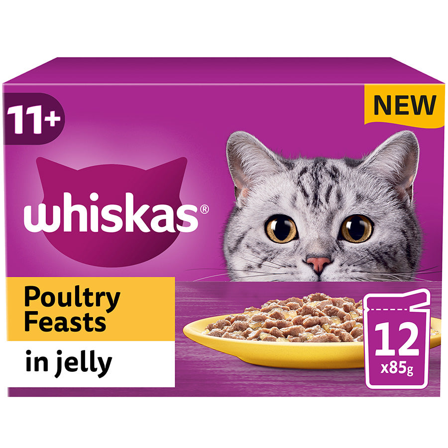 A purple box of Whiskas Poultry Feasts in Jelly with an image of a grey cat and a plate of wet cat food on a white background.